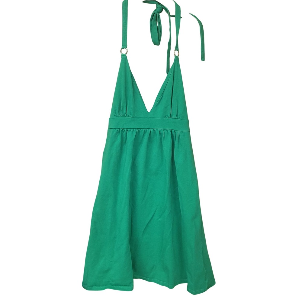 Moda‎ International Green Halter Top V-Neck Gold O-Ring Empire Waist Medium